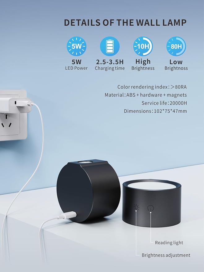 LANMEL LED Wall Mounted Lights,360° Rotating Rechargeable Wall Sconce Lamp | Black 2pack,3CCT,Dimmable,with Remote & Touch Control,USB Wireless Wall Lamp, Suitable for Study,Bedroom,and Bedside Reading