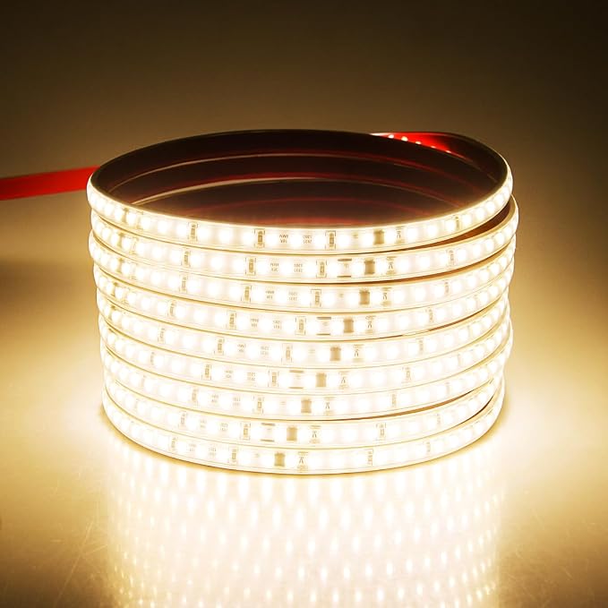 Aclorol LED Strip Lights Outdoor Waterproof 16.4FT 110V Warm White 3000K | LED Rope Light Strip Plug in, with Self-Adhesive for Bedroom Outside Garden Patio Indoor Outdoor Backyards Decor, 120LEDs/m