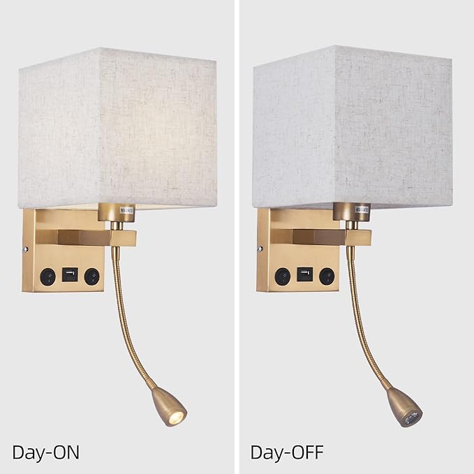 Wall Sconces, Hardwired Wall Lamp with USB Port White Fabric Shade Bedside Wall Lights with Reading Lamp for Bedroom Living Room Hotels and Office (Gold)