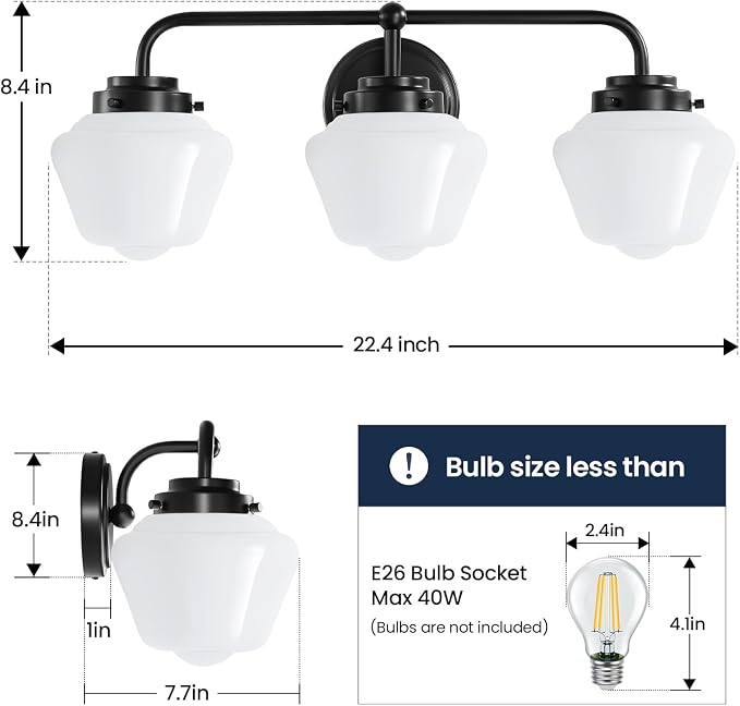 RUIYEY Bathroom Vanity Light Fixtures: 3-Light Black Vanity Lights for Bathroom Over Mirror, Farmhouse Wall Sconce Lighting with Frosted Milky Glass for Kitchen (Exclude Bulb)