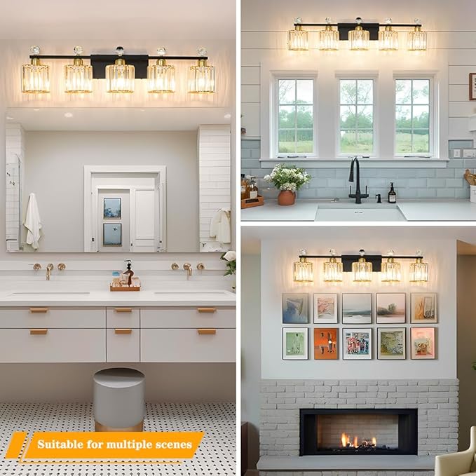 5 Light Black and Gold Vanity Light, Modern Crystal Bathroom Vanity Lighting Fixtures, Bath Wall Mount Lights with Clear Crystal Glass Shade, Wall Sconce Light for Mirror Bedroom Living Room, E26 Base