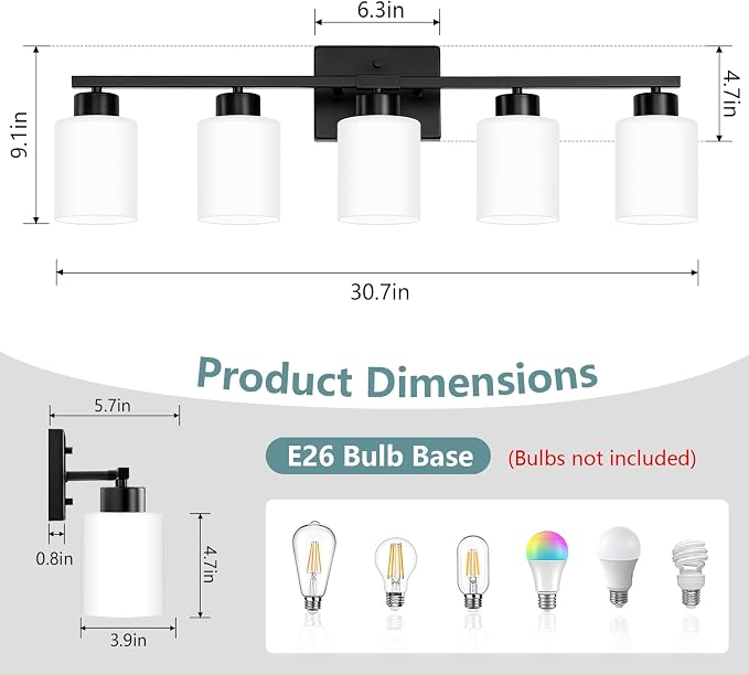 Black Bathroom Light Fixtures Vanity Lighting Over Mirror | 5-Light Modern Wall Sconces with Milky White Frosted Glass Shades for Restroom (E26 Socket)
