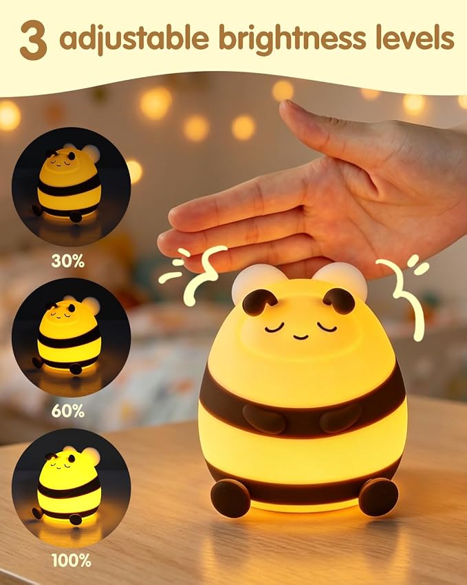 YISUN Bee Silicone LED Night Light, 3 Level Dimmable Kids Room Nursery Lamp | Soft Squishy, Rechargeable Bedside Touch Light, Novelty Animal Lamp for Boys Girls Toddlers