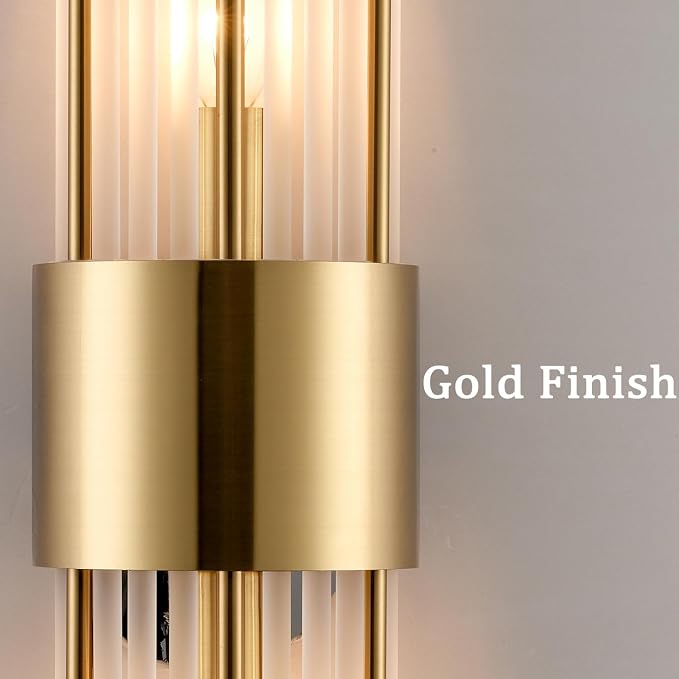 2-Light Modern Crystal Wall Sconces Titanium Gold Frosted Glass | Gold Vanity Wall Light Luxury Set of 2 Wall Light Fixtures for Bedroom Living Room Dining Room Vanity Mirror Light