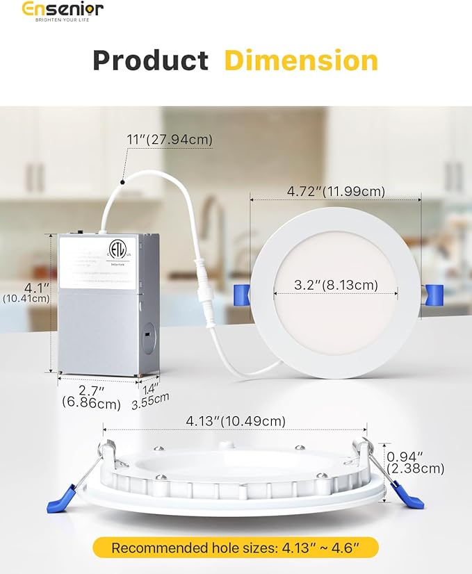 Ensenior 12 Pack 4 Inch LED Recessed Light, Dimmable, 3500K Neutral White, 750LM High Brightness, 9W 120V, 2 Pin, ERL-9X-ETL, Damp Rated, Ultra-Thin Canless Wafer Ceiling Light - ETL & FCC & IC