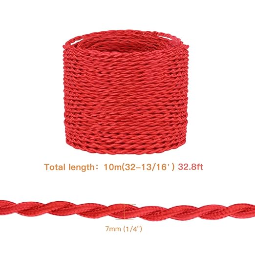 Helunsi 32.8ft Twisted Cloth Covered Wire, Red 182 Cloth Covered Electrical Wire, 18 Wire Gauge 2-Conductor Fabric Covered Lamp Cord, Vintage Twisted Cloth Covered Wire, for DIY Projects (Red)