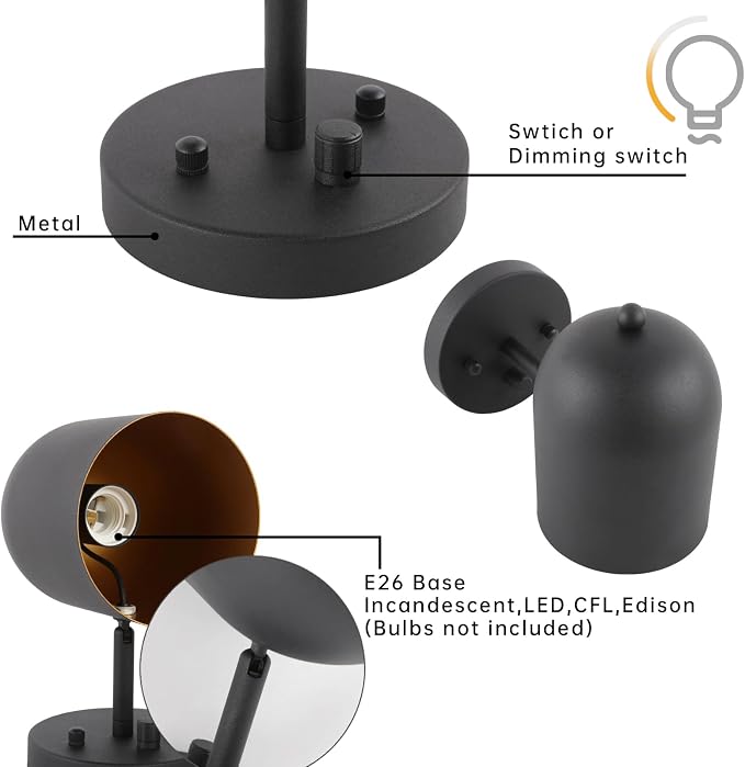 Modern Hardwired Wall Sconce with Dimmer Switch | Adjustable Light Head Wall Vanity Light, E26 Bulb Base Reading Lamp Lighting Decor for Bedroom Living Room Kitchen Sink