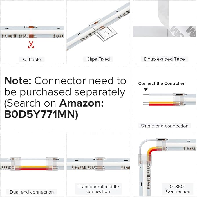 BTF-LIGHTING WS2811 Smart IC RGB FCOB COB LED Strip, UL Listed 720LEDs/m High Density Color Chasing Uniform Light, DC24V 16.4FT 12mm Width Tape Light for Home Party DIY Decor(No Adapter or Controller)