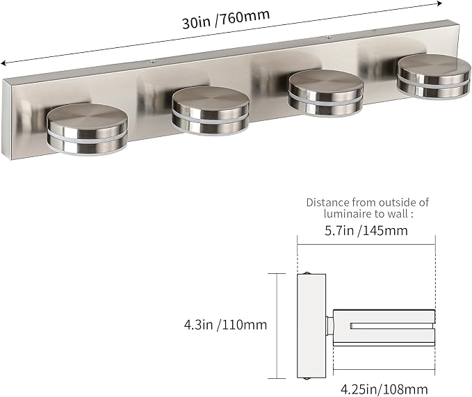 Brushed Nickel Vanity Lights for Bathroom 4-Light 5CCT Dimmable | 30in 24W LED Bath Lighting Fixture, Modern Wall Mounted Lighting Fixture for Dressing Room Cabinet