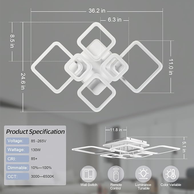 Smart LED Ceiling Light, 36.2″ Square Flush Mount Fixture, 6+1 Ring Modern Design, 130W Dimmable Acrylic Light with Remote, WiFi Alexa & App Control for Bedroom Living Room Dining Room (White)