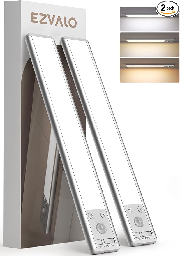 EZVALO Under Cabinet Lighting, 2400mAh Rechargeable Motion Sensor Light Indoor, 3 Color Temps, 5-Level Dimmable Magnetic Wireless Closet Lights for Kitchen, Pantry, Stairs (2 Pack)