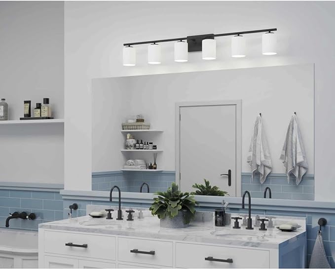 Progress Lighting Replay Collection 48 in. 6-Light Textured Black Etched White Glass Modern Bath Vanity Light