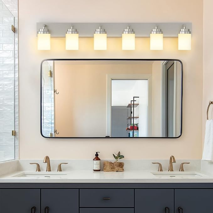IZORRO Bathroom Vanity Light Fixture, 6-Light 46 Inch Brushed Nickel Bathroom Light Fixtures Over Mirror, with White Glass Shade, Modern Farmhouse Vanity Lights, Rustic Restroom Lighting Fixtures