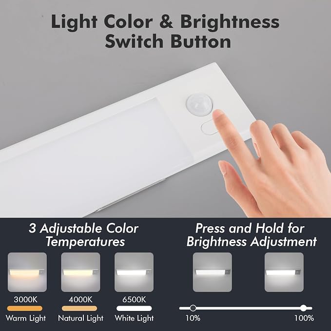 2 Pack Under Cabinet Lighting, 3 Colors & Dimmable Motion Sensor Light Indoor, 900mAh Rechargeable Under Cabinet Lighting Magnetic for Kitchen, Stairs, Closets, White(ABS+PC)