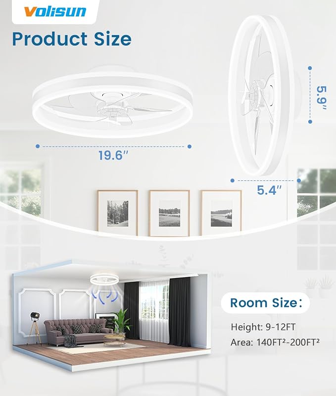 VOLISUN Low Profile Ceiling Fans with Lights and Remote, 20in Flush Mount Ceiling Fans with Light, 3000K-6500K Dimmable Fandelier LED Fan Light, White Bladeless Ceiling Fans with Lights for Bedroom