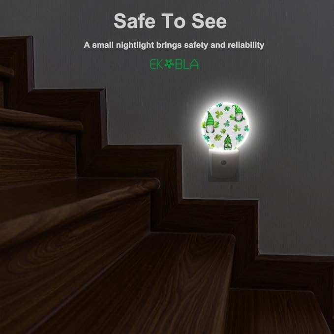 EKOBLA St. Patrick's Day Gnome Night Light, Green Shamrock Clover Night Lights Plug Into Wall with Auto Sensor for All Ages