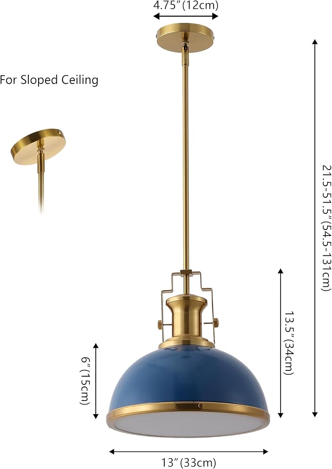 JONATHAN Y Homer Industrial Dome Pendant 13", Navy/Brass Gold | 1-Light, Farmhouse Style, Adjustable Hanging Height, Glass Diffuser, Sloped Ceiling Compatible, Metal, LED Bulb Included