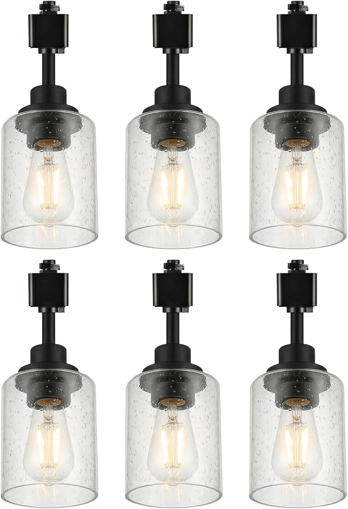 LOUSACE 6-Pack H Type Track Lighting Heads, Black Ceiling Track Lighting Fixtures with Seeded Glass Shade, E26 Track Lighting Replacement Heads for Accent Retail Kitchen Island Lighting