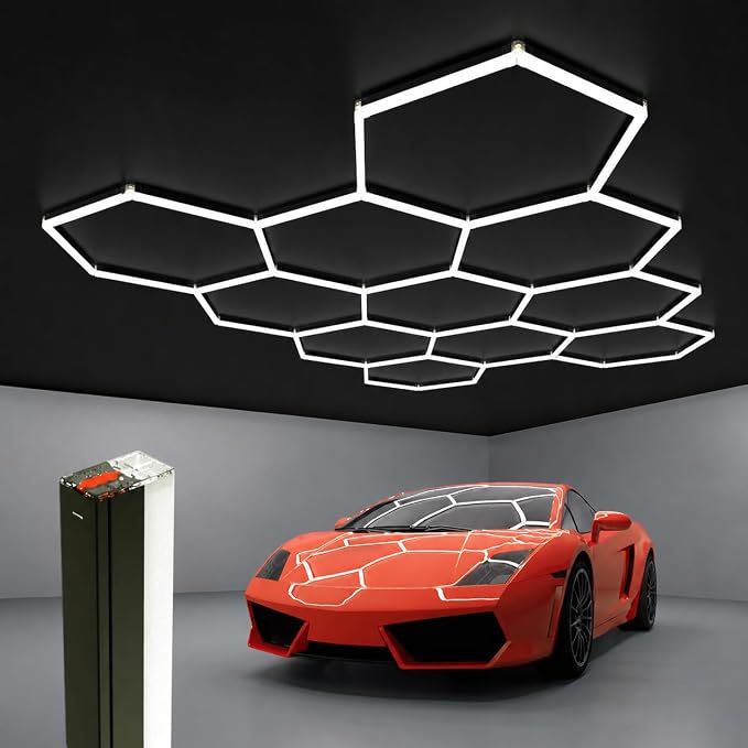 Black Hexagon Garage Lights 11 Hex, 6500K 38640 LM Super Bright Honeycomb LED Garage Ceiling Lights, Premium Car Detailing Lighting for Garage, Workshop, Gym, Barber Shop, Basement