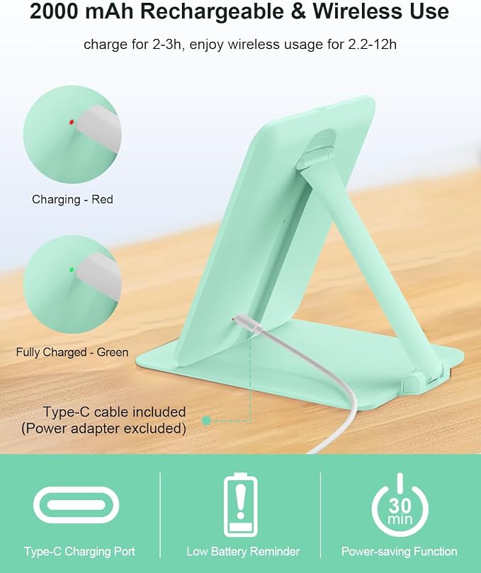 Gospire Travel Makeup Mirror with 3 Lights and Magnification 10X, Green | Compact foldable tabletop cosmetic with smart auto sensor, Adjustable Stand, Dimmable, 2000mAh Rechargeable LED Vanity Mirror