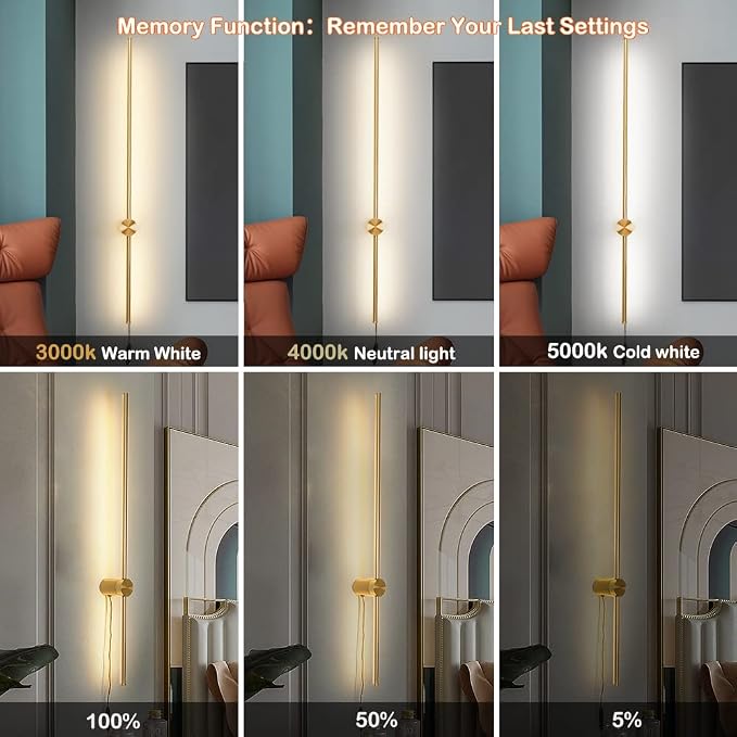 Modern Plug in Wall Sconces Set of Two,Gold Plug in Wall Light with Remote,Wall Lamp with Plug in Cord, LED Wall Light with Memory Function, Original Brand Lighting