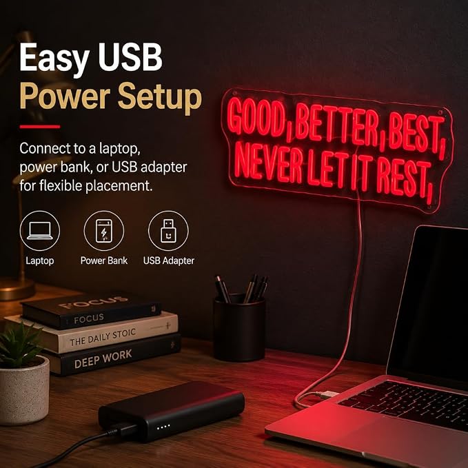 "Good Better Best" Neon Sign, Neon Sign for Classroom, 16.5" x 6.4"IN | Motivational Quote, Inspirational Typography, Wall Art, For Home Office, Gym, Study Room & Classroom