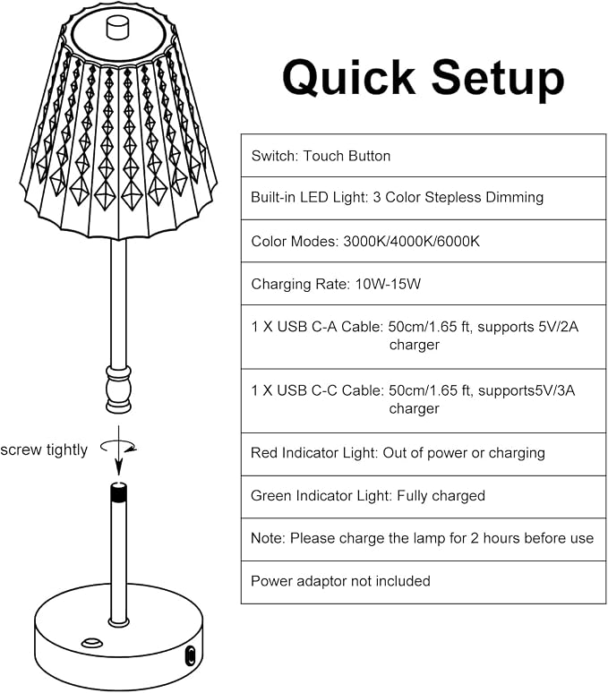 SAIWEYA Cordless Table Lamp Battery Operated Touch Dimming Crystal Lamp | 3 Colors Modes, Rechargeable LED Desk Lamp Night Light for Bedroom, Kitchen, Bar, Office