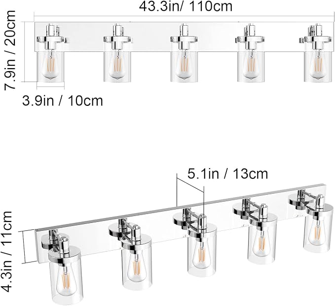 Aipsun Chrome Bathroom Light Fixtures 5 Light Bathroom Vanity Light Stainless Steel with Clear Glass Shade(Exclude Bulb)