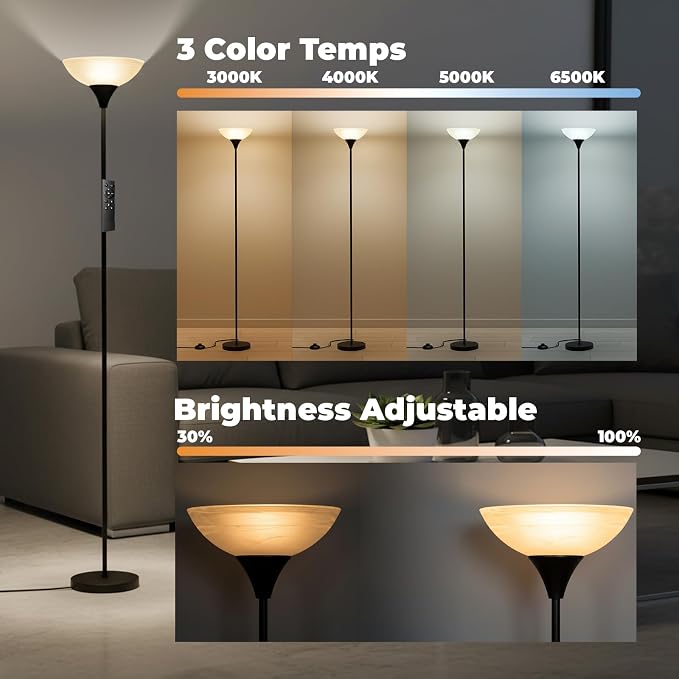LALISU Floor Lamp, Standing Lamps with Glass Shade, Led Floor Lamp Remote Floor Lamps Modern Industrial Lamp, Tall Lamps for Living Room Bedroom Office Dining Room (Black and Glass)