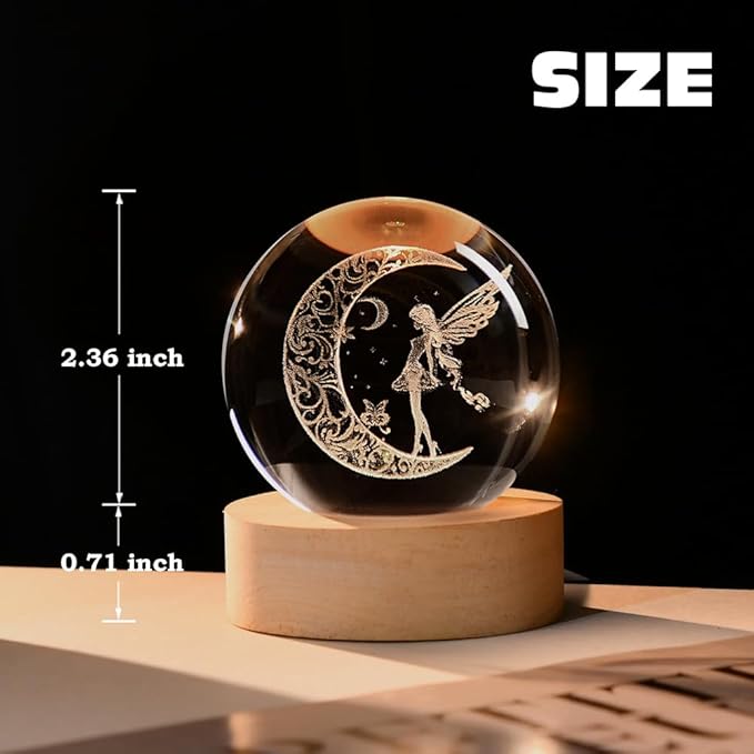 Moon Fairy Crystal Ball Decorative Ball 60mm Fairy Glass Sphere Decor 3D Dreamy Engraving Gifts for Girls Women Fairy Lovers Wedding Gift with Light Base