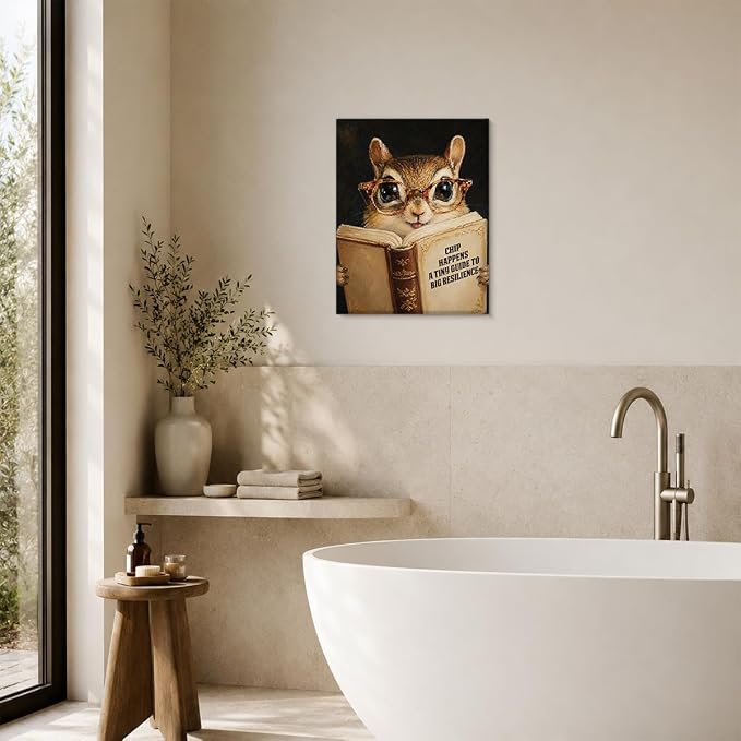 NSFBESSLIA Funny Reading Chipmunk Painting, Whimsical Vintage Animal Decor, Chip Happens, Cute Cottagecore Wall Art for Living Room Bedroom Entryway, 8x10 Inch