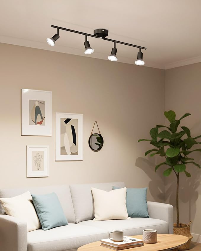 LVWIT 4-Light Track Lighting Fixtures Ceiling with Flexibly Rotatable Head, Modern Black Track Lighting Kit, Ceiling Spotlights for Kitchen, Living Room, Bedroom (GU10 Socket, Bulbs not Included)