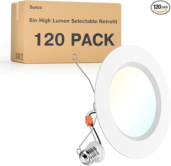 Sunco 120 Pack 6 Inch LED Recessed Light Retrofit, Can Lights for Ceiling, 1700 LM High Brightness, Selectable CCT 2700K/3000K/4000K/5000K/6000K, 17W=120W, Dimmable, Baffle Trim, Damp Rated UL