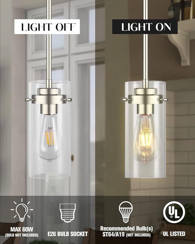 EAPUDUN Pendant Light (2 Packs), Kitchen Ceiling Hanging Light, Adjustable Height, Kitchen Light Fixtures Brushed Nickel Pendant Lights, Farmhouse Pendant Lighting for Sink Island, Home Décor Lighting