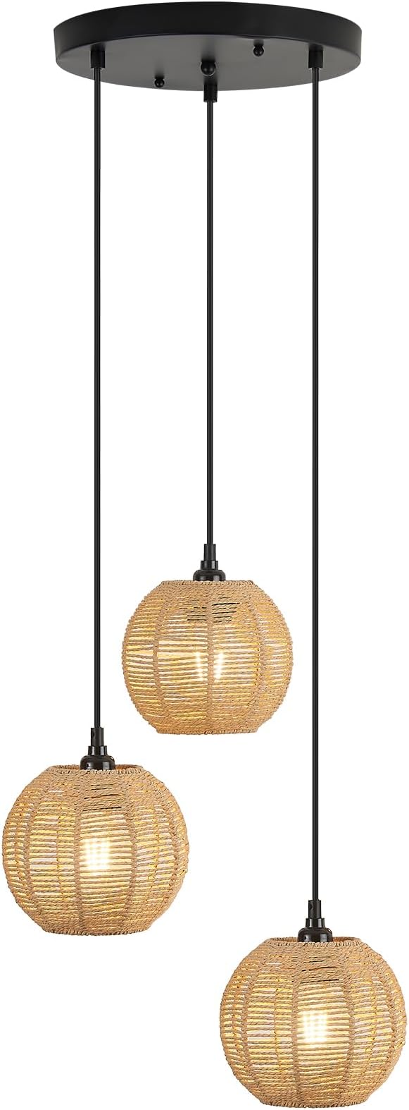 Round 3 Light Boho Pendant Light Rattan Hanging Lamp | Hand Woven Wicker Small Chandelier Hanging Lights Fixture for Bedroom Kitchen Hallway Foyer