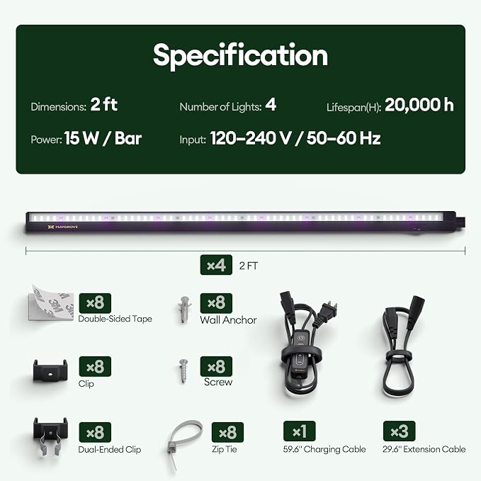Plant Grow Light 2ft, Tunable Full Spectrum LED Grow Light Strips 60W (4 x 15W), T5 Growing Lamp with Timer & Dimming Controller for Indoor Plants, Greenhouse, High PPFD, 4-Pack