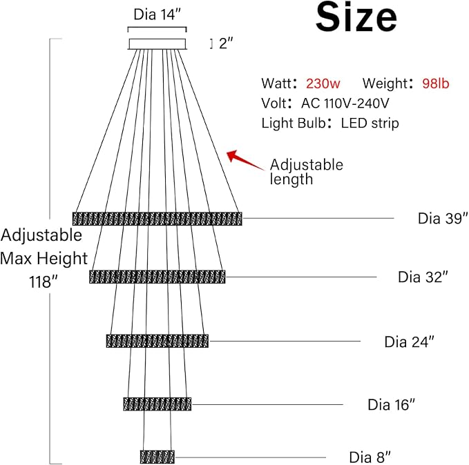 Large Modern Chandeliers 5 Ring Chandelier for High Ceiling Dimmable Gold Chandeliers High Ceiling Foyer Chandelier for Living Room Dining Room Staircase