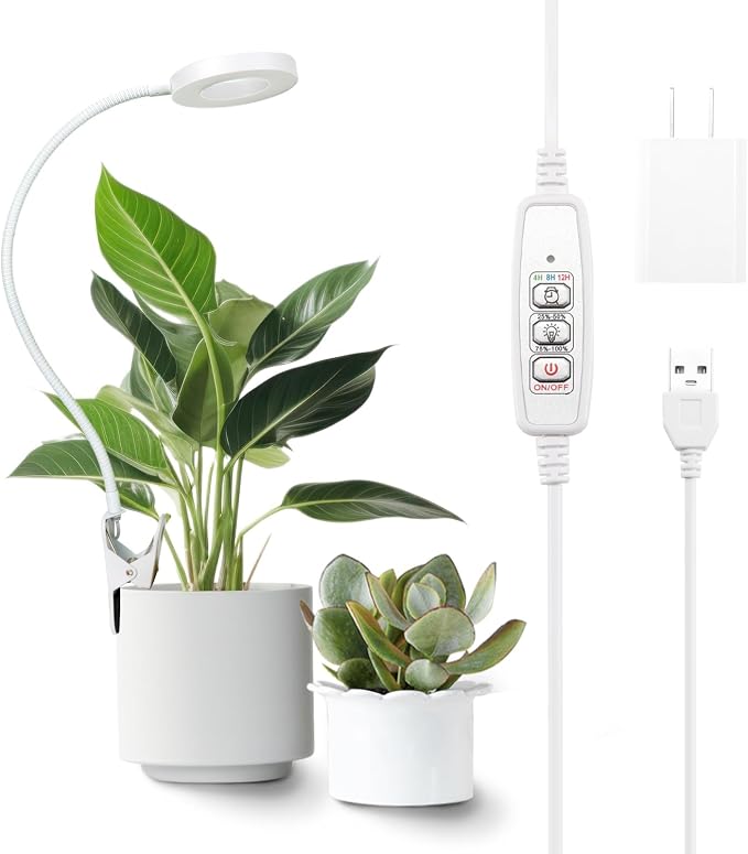 LORDEM Grow Light,Full Spectrum Pot Clip LED Plant Growth Light with Auto On/Off Timer 4/8/12H,Plant Lamp with 360°Rotatable Gooseneck, 4 Dimmable Brightness, Ideal for Small Indoor Plants, 1 Pack