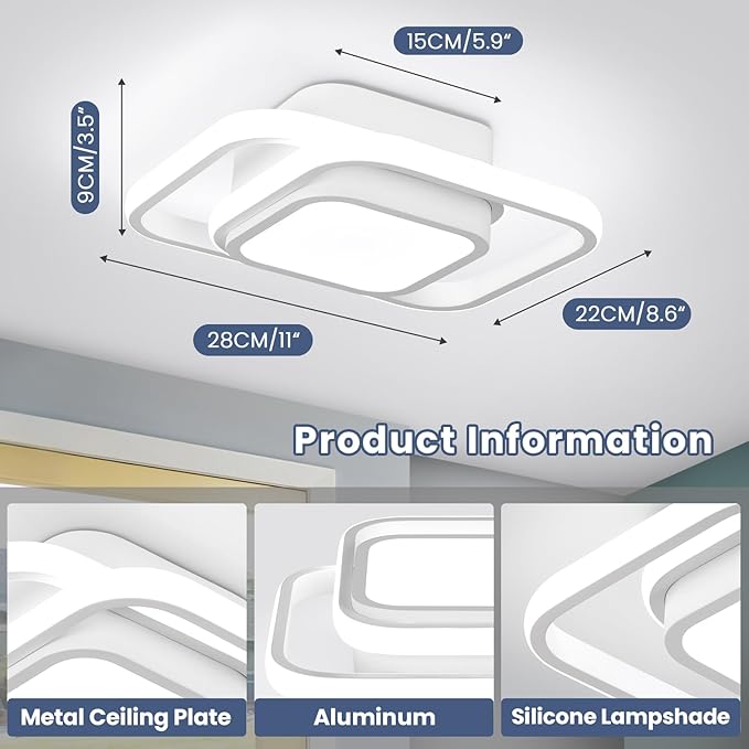 CANEOE Small Ceiling Light, Square Modern LED Ceiling Light Fxitures, Cool White Hallway Light Fixture Ceiling for Bedroom Kitchen Living Room Study Asile Lamp Corridor Lights (White)