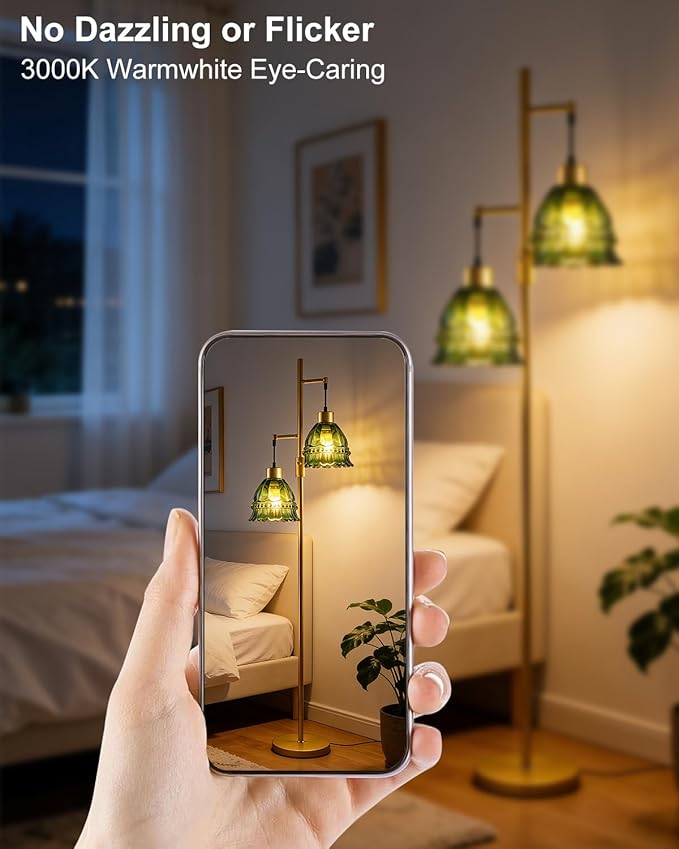 Lightdot 65IN Glass Floor Lamp for Living Room, 2- Light Gold Flower Floor Lamps with Green Glass Lampshade, 3000K Warm White Modern Standing Tall Lamp for Bedroom Corner