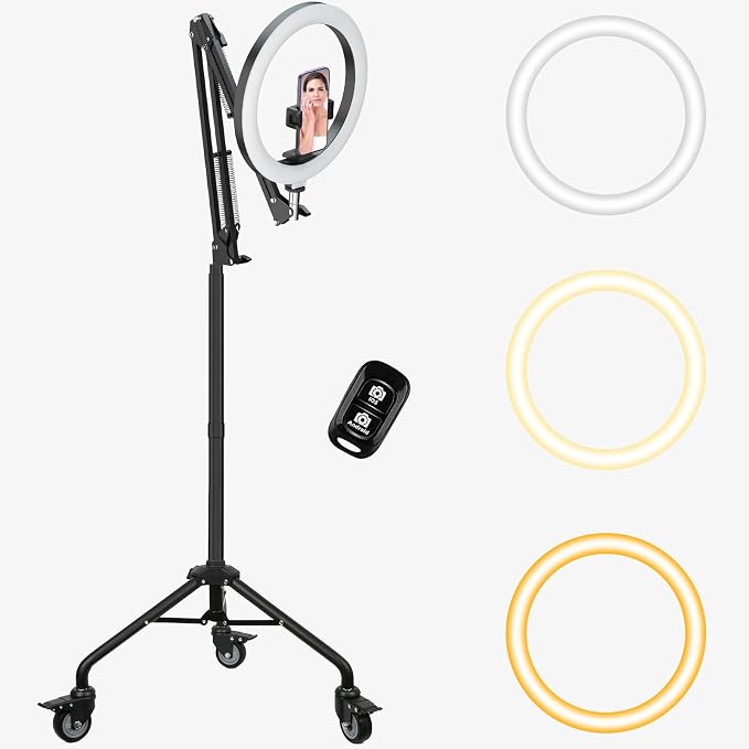LUXSURE Ring Light Tripod for iPhone,Ring Light with Stand and Phone Holder,LED Overhead Camera Mount with Casters,Phone Tripod with Light and Remote for Video Recor