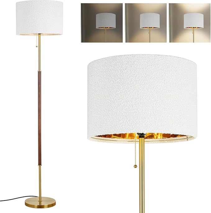 LALISU Wood Floor Lamp for Living Room Gold Traditional Farmhouse Floor Lamps Mid-Century Pole Lamp with Linen Lamp Shade, Standing Tall Floor Lamps for Bedrooms and Office (Gold)
