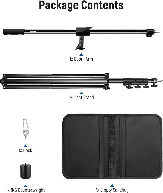 NEEWER Air Cushioned Aluminum Light Stand, 9.8ft/3m Adjustable Photography Stand with Boom Arm, Counterweight, Sandbag, 1/4" Screw for Softbox, Studio Flash, Umbrella, Ring Light, Max Load 5kg