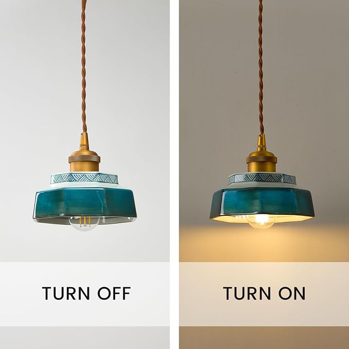Vintage Ceramic Pendant Light, 5.9" Farmhouse Hand-Painted Hanging Light with Gold Metal, Antique Ceramic Pendant Lighting for Kitchen Island, Dining Room, Bedroom Bedside, Cafe (Teal)