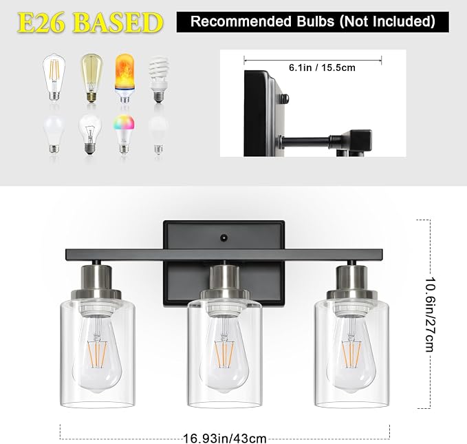 Ascher Bathroom Vanity Light Fixtures, 3 Light Wall Sconces Lighting with Clear Glass Shade, Black and Brushed Nickel Wall Lights for Mirror, Kitchen, Living Room, E26 Base (Bulbs Not Included)