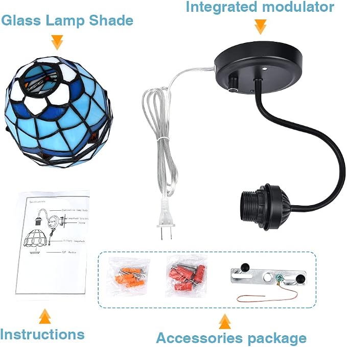 Bedside Wall Mount Lamp with Dimmable Switch, Industrial Vintage Gooseneck Wall Sconce with Plug in Cord, Wavy Blue Stained Glass Shade Wall Light Perfect for Bedroom, Living Room