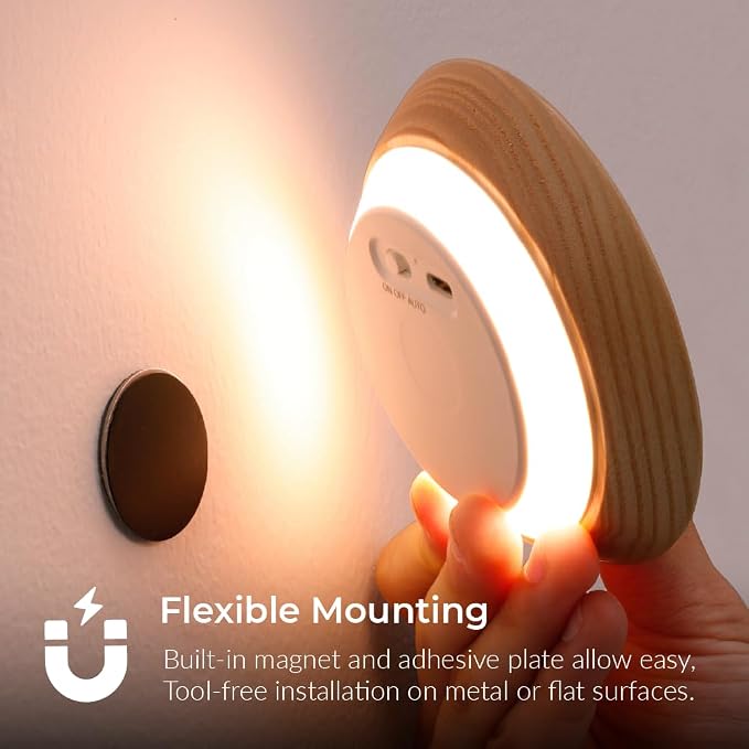 Flower Motion Sensor Night Light, Rechargeable Wooden Lamp | Ash Wood, 3000K Warm White, Backlight Glow, Rechargeable Battery, Magnetic Mount, Sensor Flower Light for Hallway, Bedroom