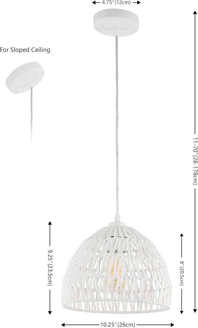 JONATHAN Y Campana 1-Light Pendant Dome Ceiling Lamp, 10.25", White | Modern Coastal Farmhouse Decor, Adjustable Height, Woven Rope Metal Frame, LED Bulb Included, UL Listed