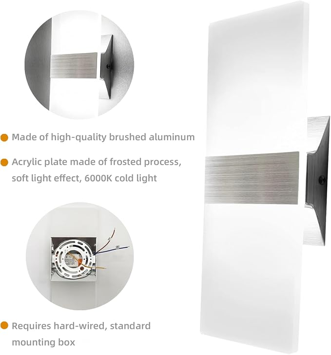 KICAAO Modern Wall Sconces Set of Two, Led Wall Light 10w, 6000k White Light Up Downlight, Hardwired Acrylic Wall Light Lighting, Suitable for Living Room Corridor Bedside (Cool White 6000K 2Pack)