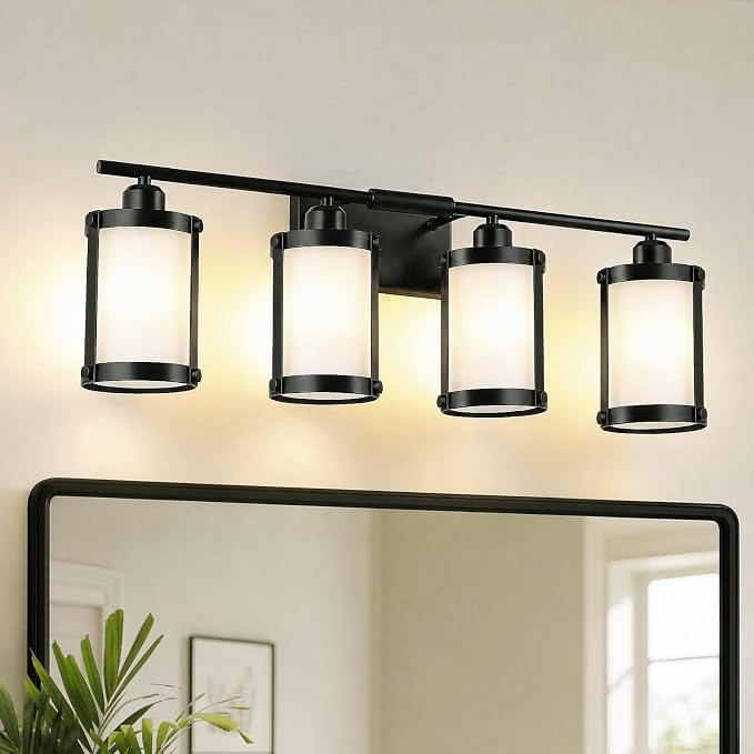 4-Light Black Bathroom Light Fixtures with Milk White Frosted Glass, 29" UL-Listed Modern Wall Sconce Over Mirror with Metal Cage for Bath, Hardwire E26, OS-3014BKW-4W